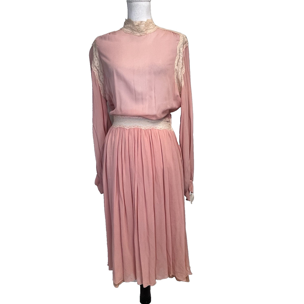 Vintage Modarthur Dress size 36/16 Pink Sheer 100% Silk Lace Midi Formal Wedding